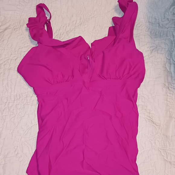 NEW DKNY V-Neck Ruffle Tankini Swimsuit Top Pink Large - Picture 8 of 8